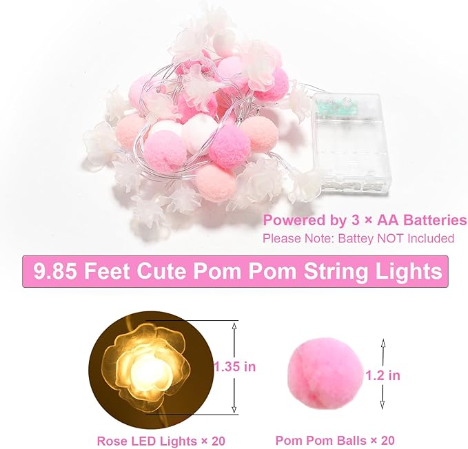 9.85Ft String Lights 20 Cute Pink Pompoms 20 LEDs Rose Fairy Lights Garland Battey Operated with Timer Flower Lights for Bedroom Kids Room Party Birthday Wedding Valentines Decorations