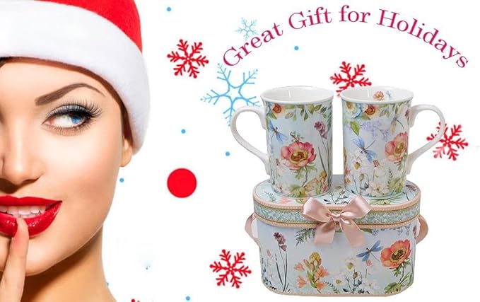 Lightahead Elegant Bone China Two Coffee Mugs Set in Floral Design 10.8 oz Each Cup in Attractive Gift Box