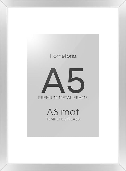 Homeforia A5 Picture Frame Silver, High End Metal 5.8 x 8.3 Frame Matted to 4.1 x 5.8 Art, A5 Frame with Mat A6, 5.8x8.3 Poster Frames, 8.3x5.8 Size Display Frames, Tempered Glass, Wall Kit, Set of 1