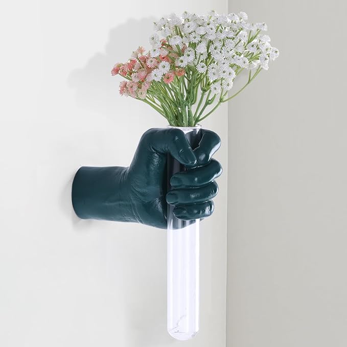 Green Wall Sculptures, Hand Vases Home Decor, Wall Mount Art Sculpture, Unique Wall Art Statue, Funky Flower Vase Decorations, Modern Eclectic Hanging Decor,Glass Test Tube Vase