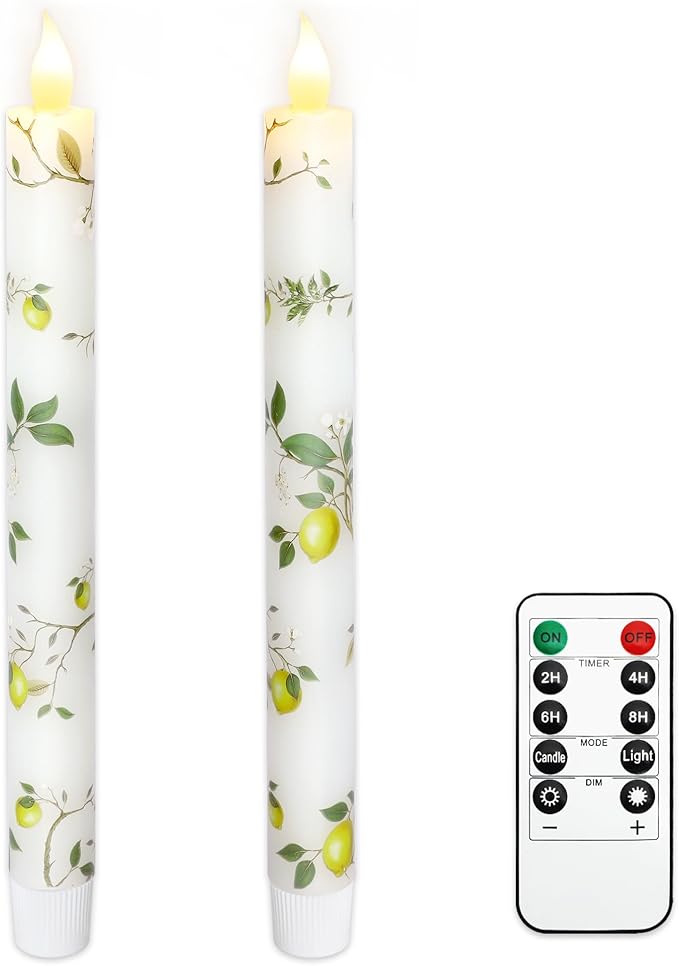 Lemon Flameless Taper Candles with Remote and Timer Flickering Flame Battery Operated Taper Candles for Home Bedroom Wedding Party Fall Christmas Summer Decor 9.6"