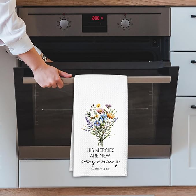 Christian Kitchen Towel, Waffle Weave Microfiber Scripture Hand Towel, His Mercies are New Every Morning Bible Verse Farmhouse Decor for Kitchen Bathroom, Inspirational Gift for Women