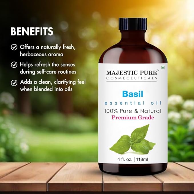 Majestic Pure Basil Essential Oil with Glass Dropper - Huge 4 Fl Oz - 100% Pure and Natural Basil Oil - Premium Grade Essential Oils for Diffuser, Aromatherapy, Soap and Candle Making