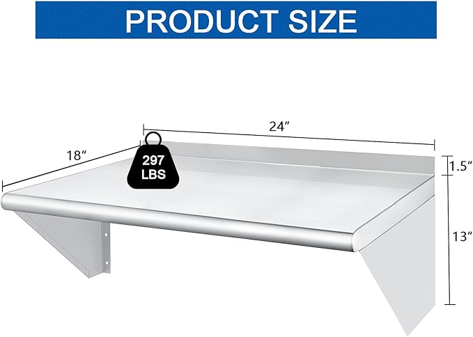 HARDURA Stainless Steel Shelf 18" x 24", 297lb Commercial Shelves Wall Mount Metal Shelving with Backsplash and Brackets for Kitchen, Restaurant, Laundry Room and Home
