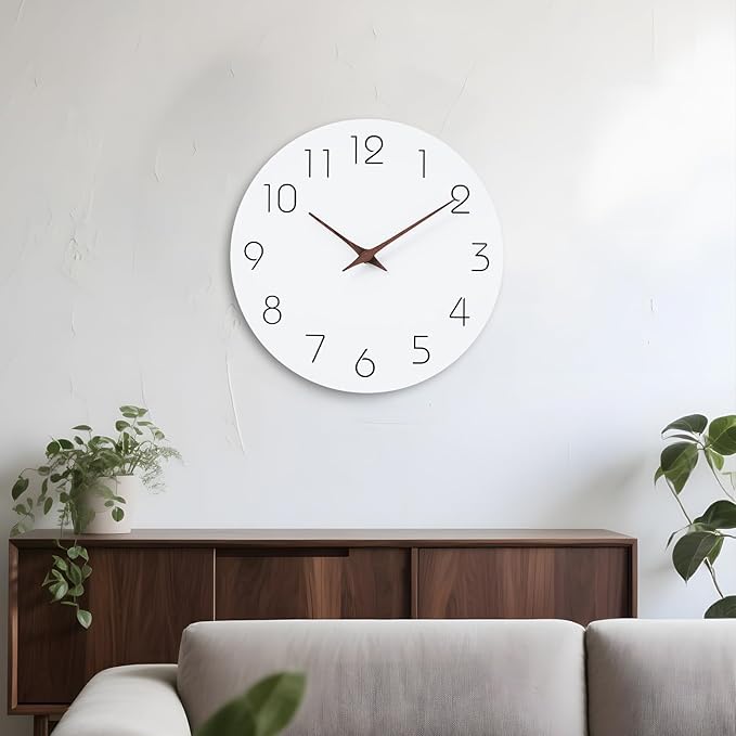 Mosewa Wall Clock 14 Inch White Silent Non Ticking Battery Operated Simple Minimalist Wooden Clock Decorative for Kitchen Bathroom Home Bedroom Living Room Office