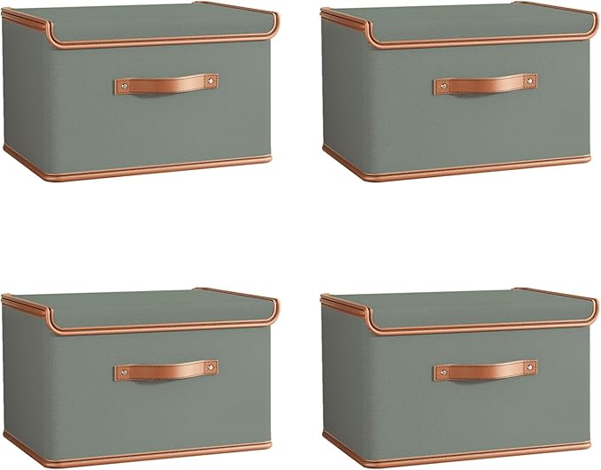 Tuza 4 Pack Storage Bins with Lids, Collapsible Closet Organizer Container, Fabric Organizer Box with Handles, Decorative Storage Boxes with Lids for Organizing Clothes, Blanket, Grey, Large