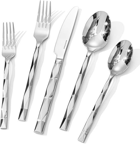KINGSTONE Silverware Set, Luxury 60 Piece Flatware Set for 12, 18/10 Stainless Steel Cutlery Set with Diamond Cut Pattern for Kitchen, Home, Wedding, Party, Mirror Polished and Dishwasher Safe