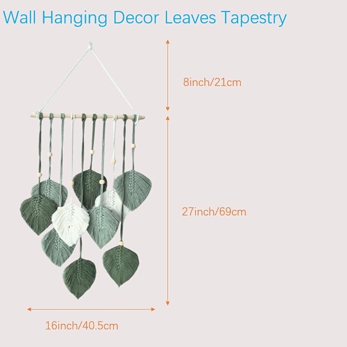 Madiffcult Macrame Wall Hanging Boho Wall Decor Woven Feather Wall Art Handmade Macrame Leaf Tapestry with Wooden Beads for Bedroom Living Room Nursery 16x27 Inch (Green)