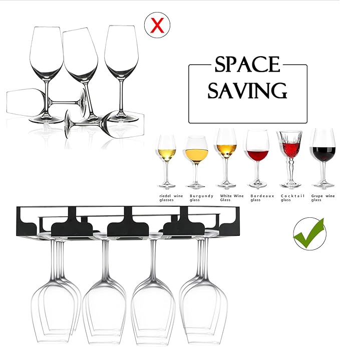 Wine Glass Rack - Under Cabinet Stemware Wine Glass Holder Glasses Storage Hanger Metal Hanging Organizer for Bar Kitchen 4 Rows Black