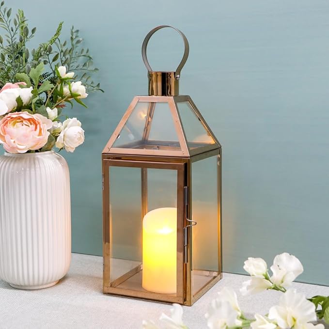 JHY Design Rose Gold Decorative Lanterns 16 inch High Stainless Steel Candle Lanterns with Tempered Glass for Indoor Outdoor Events Parities and Weddings