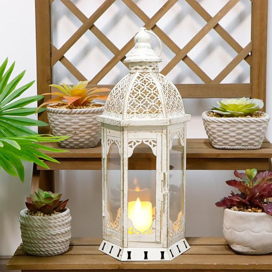 JHY DESIGN Decorative Candle Lantern 15''H Vintage Metal Candle Holder for Garden Living Room Indoor Outdoor Parties Weddings Patio(White with Gold Brush)