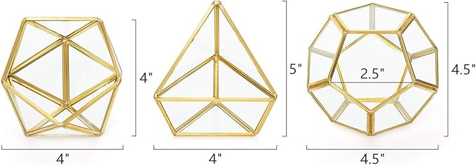 Mkono 4 Inches Mini Glass Geometric Terrarium Container Set of 3 Modern Tabletop Planter Shelves Decor Display Centerpiece for Succulent Miniature Fairy Garden Air Plant, Gold (Plant Not Included)