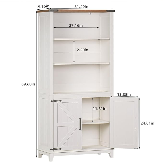 5 Tier Bookshelf 70in Tall Bookcase with Barn Doors and Storage Cabinet, White Farmhouse Book Shelf with Adjustable Shelves, Wood Freestanding Display Bookshelves for Bedroom, Living Room
