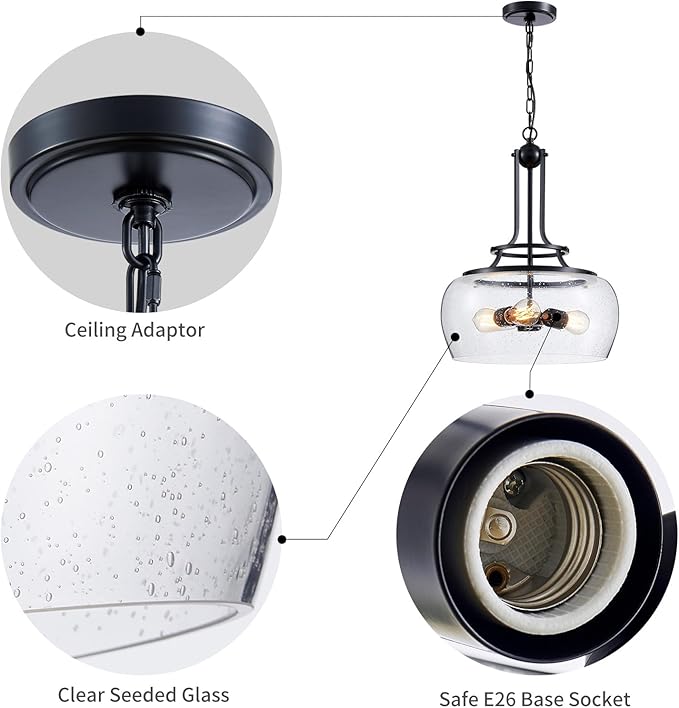 WUZUPS Chandelier Rustic Farmhouse Industrial Round Ceiling Pendant LED Light Fixture Clear Seeded Glass Shade for Dining Room Kitchen Island Foyer Entryway, H 20.9" x W 15.9", Black