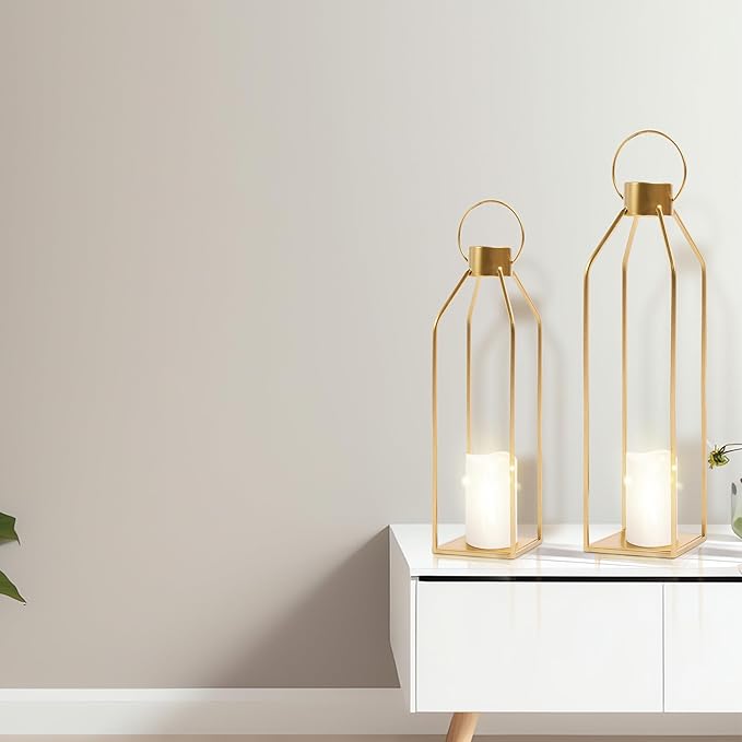 HPC Decor Modern Farmhouse Lantern - 22'' 19'' Large Tall Gold Metal Candle Lanterns with Timer Flickering Candles for Living Room, Outdoor, Fireplace Mantle Decor