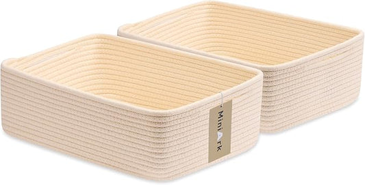 Large Shallow Organizing Baskets 15x11x5.1 Inches - Rope Woven Storage Bins for Bathroom, Shelves, Cube Closet, Beige 2 Packs