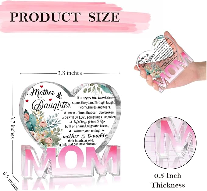Mothers Day Gifts Best Mom Gifts -Gifts for Mom from Daughter Son - Best Mom Ever Gifts Unique Mother Birthday Acrylic Heart-Shaped Plaque Desk Decorations Present for Mom Christmas Anniversary