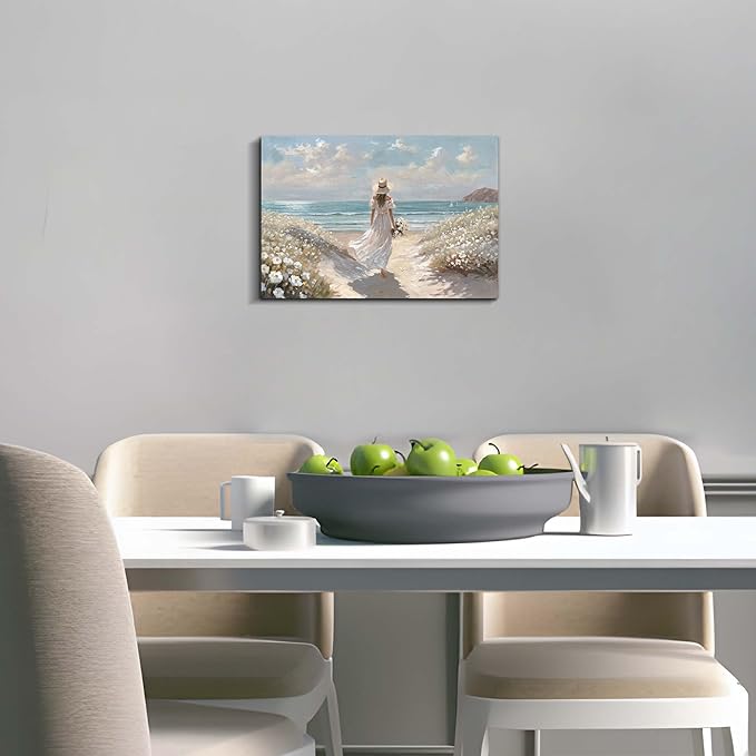 cozy country Beach Wall Art 16"x11" - Coastal Pictures Ocean Canvas Decor - Nautical Artwork Seascape Painting for Bathroom, Bedroom, Sea House