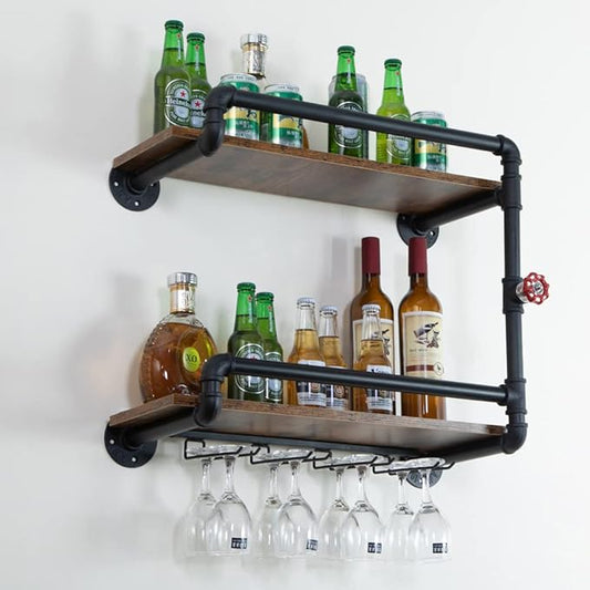 Wine Rack Wall Mounted 2 Tier, Hanging Floating Small Mini Bar Liquor Shelves with Glass Holder Storage Under, Industrial Rustic Pipe Farmhouse Kitchen Decor Black(23.6x10.6x19.7)