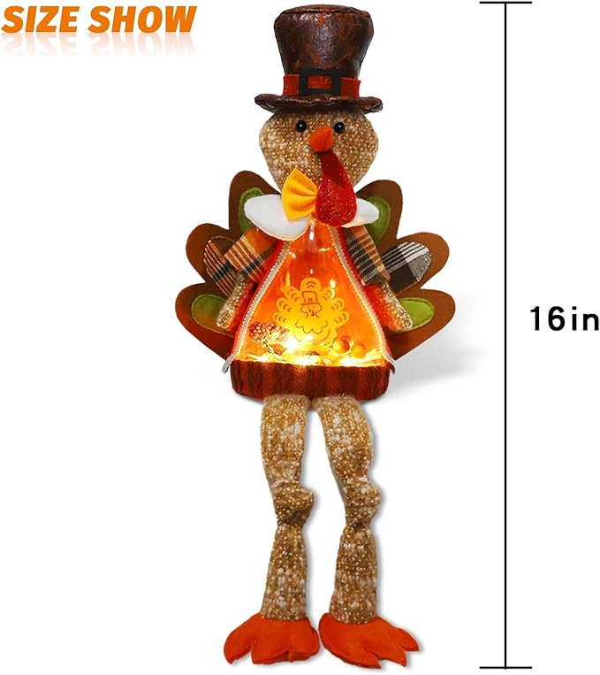 Lighted Christmas Doll, Plush Light Up Christmas Doll Toy Holiday Present, Battery Operated Xmas Gifts Winter Mantle Tabletop Decor (Brown Thanksgiving Turkey 16in)