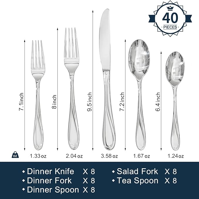 HIKAA Wave Design Silverware Set Service for 4, 20-Piece Artistic Stainless Steel Flatware Set with Fibonacci Pattern, Heavy Duty Mirror Polished Cutlery Set
