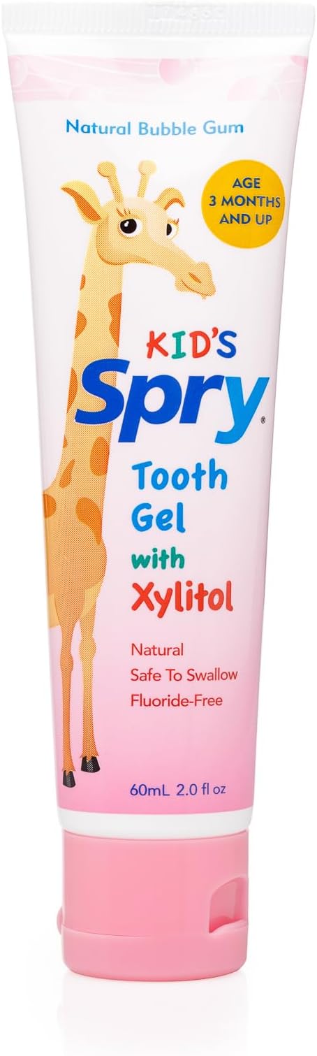 Spry Natural Xylitol Toothpaste for Baby, Toddler and Kids Age 3 Months and Up - Fluoride Free Tooth Gel, Tasty, Support Development of Emerging Teeth, Bubble Gum 2 Fl Oz (Pack of 2)