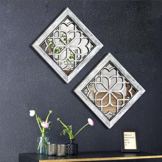 Boho Square Wall Mirrors Set of 2-12" x12'Decorative Mirrors for Wall Decor, BrownHandcrafted Mirror Panels Perfect for LivingRoom Bedroom Entryway Hallway (Grey)