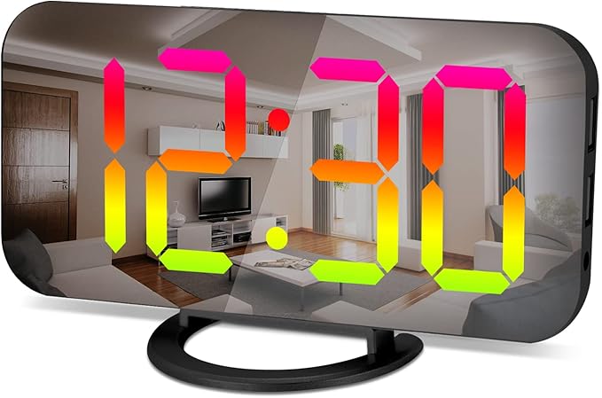 SZELAM LED RGB Digital Alarm Clock,with 11 Color Modes Display,Mirror Surface,Dual USB Charger Ports,Modern Desk Clocks for Bedroom Home Office Decor- Black