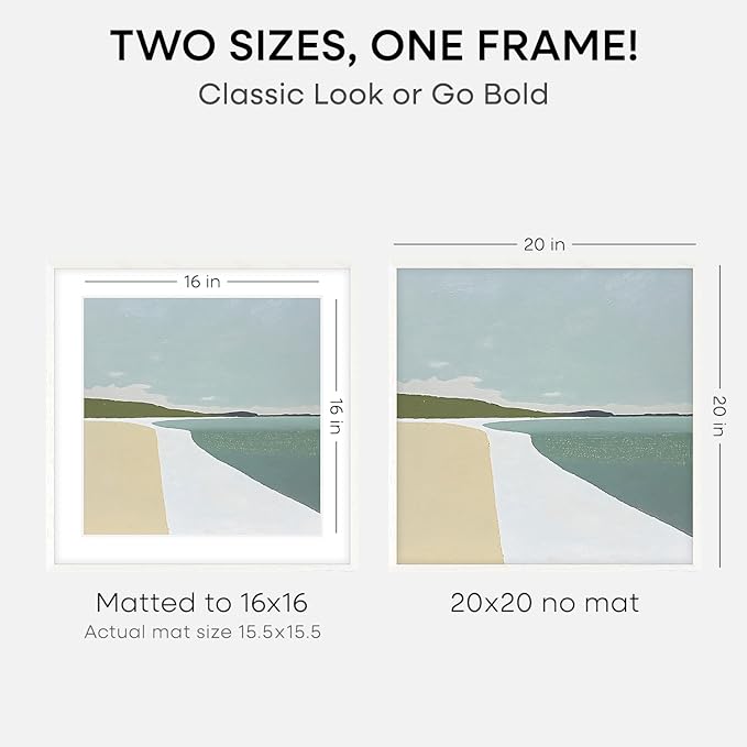Homeforia 20x20 White Picture Frame, High End Oak 20 x 20 Square Wood Frames with Mat 16 by 16 inches Photo, 20by20 White Wooden Poster Frames Matted to 16x16 Print, Tempered Glass, Wall Kit, Set of 1