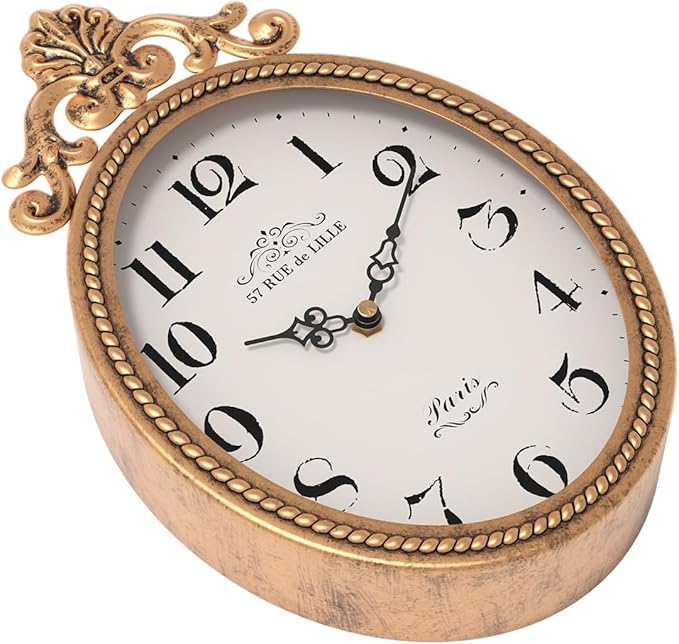 Abdurey Small French Retro Decorative Wall Clock, Antique Gold Vintage Oval Style,Silent Battery Operated Boho Decor Wall Clocks for Farmhouse,Kitchen,Bedroom,Bathroom(10.4" H x 6.7" W)