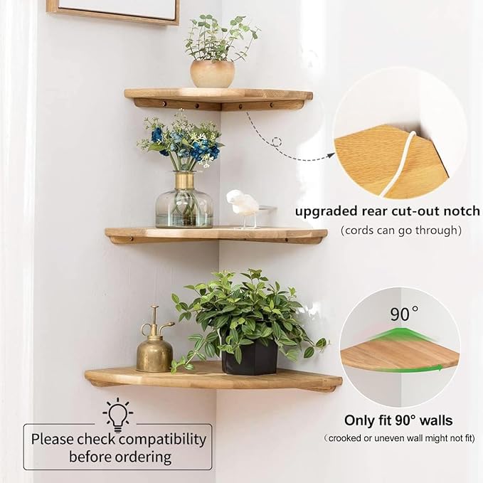 Corner Shelf,16inch Natural Oak Solid Wood Floating Corner Shelves Wall Mount Round End Floating Speaker Rack with Wire Hole for Small Plant for Bedroom Kitchen, Living Room