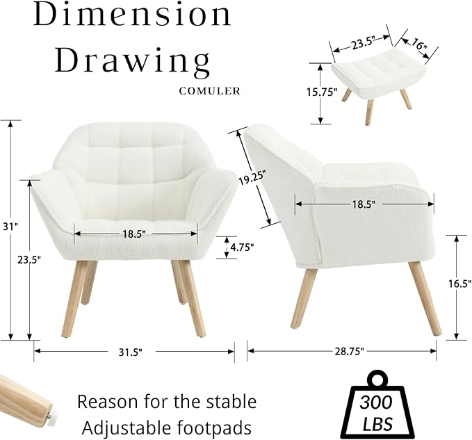 White Sherpa Accent Chair with Ottoman ，Modern Reading Chair with Ottoman Set, Comfy Fuzzy Armchair Living Room Chair Lounge Chair with Wood Legs for Small Spaces Bedroom Apartment