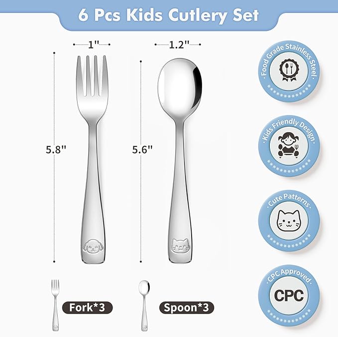 DRKIO Stainless Steel Toddler Utensils Set - 6 Pieces Kids Silverware Set Children Safe Food Grade Small Forks and Spoons Dishwasher Safe Mirror Polished
