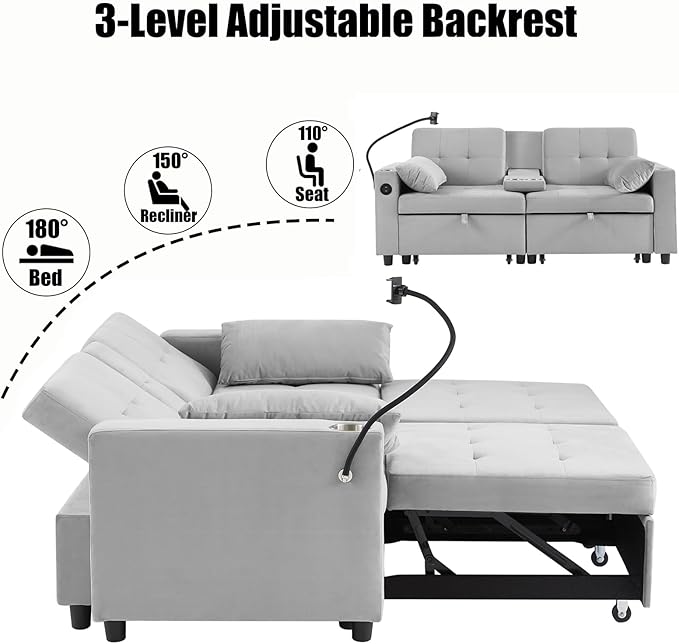 70" Queen Size Sofa Bed for Living Room – Pull-Out Sleeper Sofa Couch with Cup Holder, Phone Holder, USB Charging Port, Solid Wood Frame, Easy Assembly, Space-Saving Design for Small Apartments