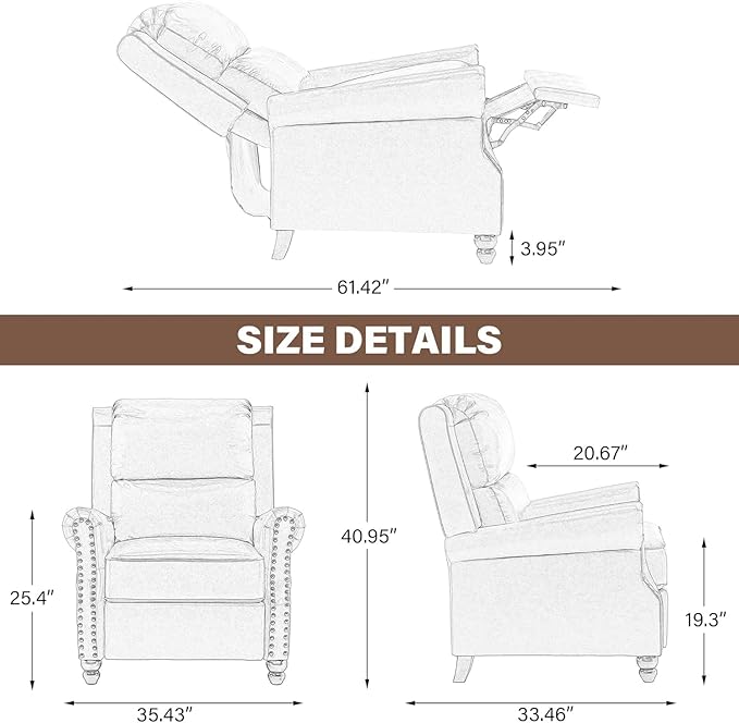 UIXE Pushback Recliner Chair Push Back Accent Chair, Fabric Overstuffed Armchair for Living Room, Rivet Trim Club Chair Home Theater Single Sofa Bedroom Reading Seat - Stripe Gray