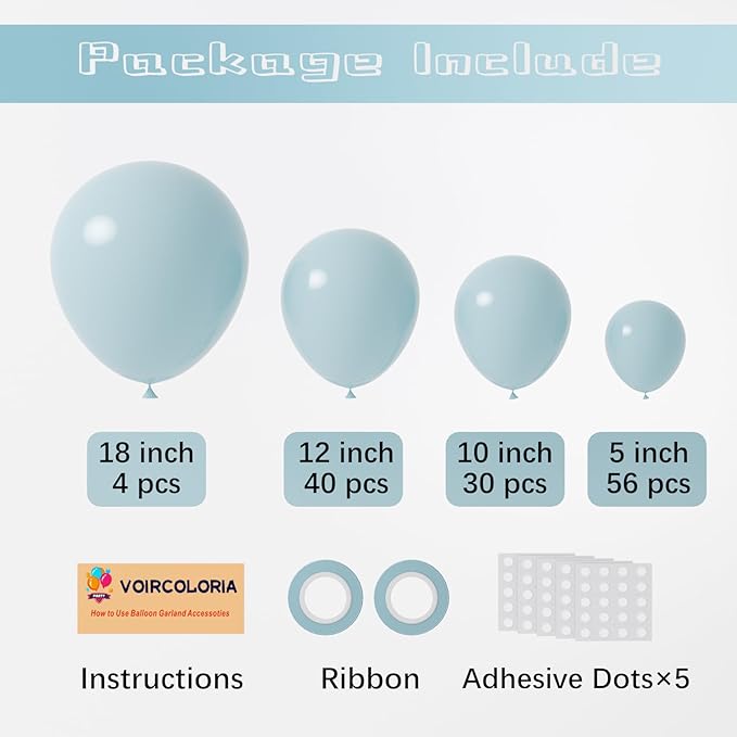 130pcs Pale Aqua Balloons Different Sizes 18" 12" 10" 5" Aqua Blue Latex Balloon Garland Arch Kit for Birthday Baby Shower Graduation Wedding Gender Reveal Anniversary Party Decorations