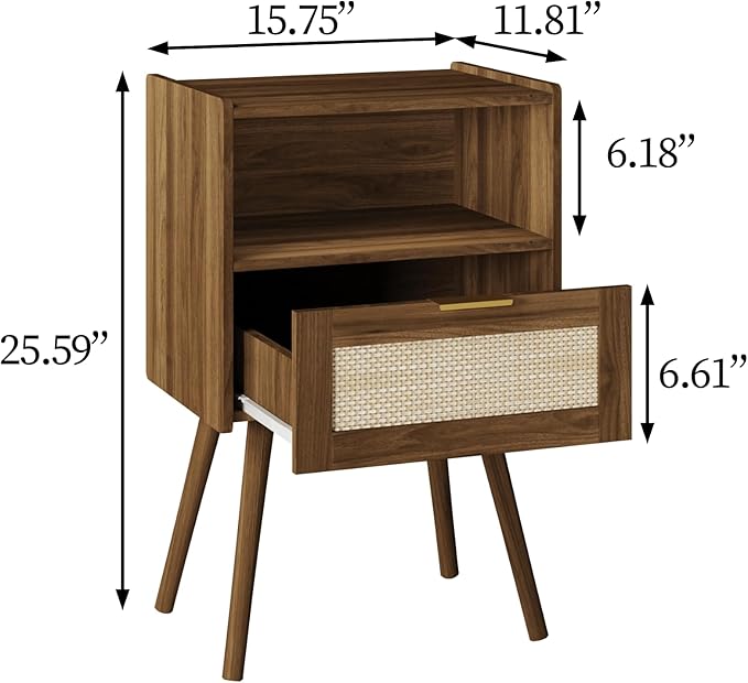 Rattan Nightstand,Modern Bedside Table with Storage Drawer and Open Wood Shelf, for Living Room, Bedroom and Small Spaces, Accent Night Stand with Solid Wood Legs, Easy Assembly,Walnut Brown