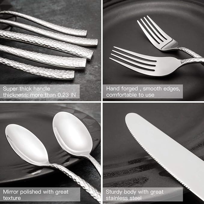 Silverware 45-Piece Silver Hammered Flatware Set with Serving Utensils Stainless Steel Thick Handle Mirror Polished Cutlery Set for Wedding Hotel Restaurant, Service for 8