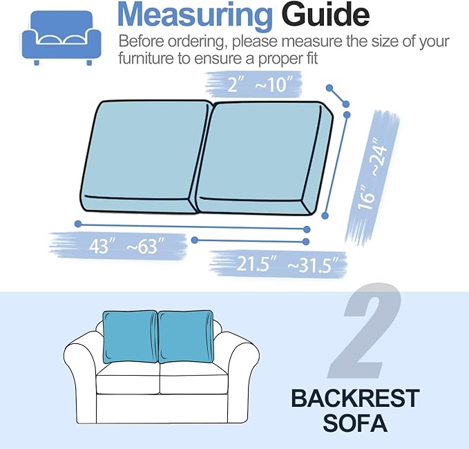 Large Backrest Cushion Covers Super Stretch Backrest Covers for 2 Cushion Couch Sofa, Couch Back Cushion Covers Featuring with Chenille Yarn (Softer Version, 2PC, Blue)