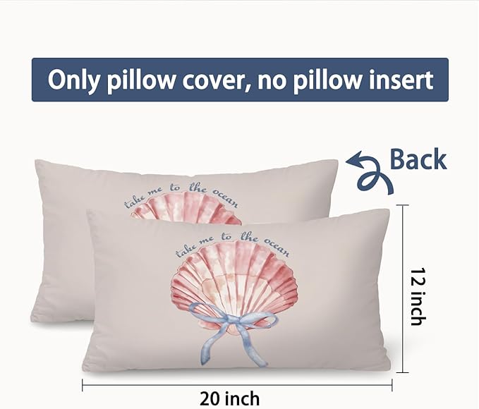 Coastal Girly Room Decor Aesthetic 12x20 Pillow Cover, Take Me to The Ocean Coquette Bow Seashell Decorative Lumbar Pillow Covers for Girls Bedroom College Dorm Sofa Couch