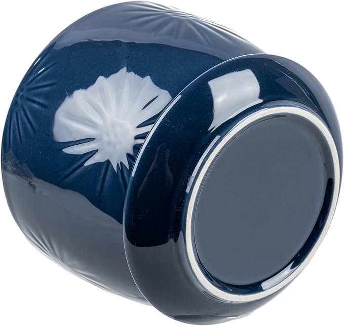 MyGift 7 Inch Round Blue Ceramic Plant Pot with Drainage Hole and Attached Saucer, Modern Decorative Embossed Sunburst Planter Container for Indoor Home Garden