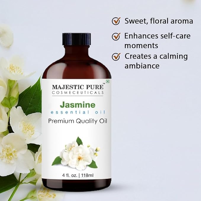 Majestic Pure Jasmine Essential Oil with Glass Dropper - Huge 4 Fl Oz - 100% Pure and Natural Jasmine Oil - Premium Grade Essential Oils for Diffuser, Aromatherapy, Soap and Candle Making