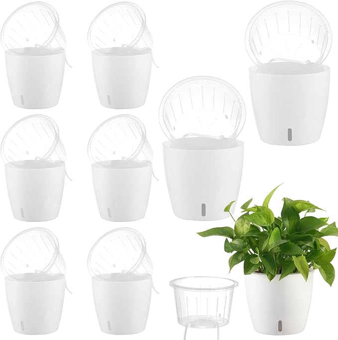 Self-Watering Pots for Indoor Plants, 8-Pack 6.7'' Self Watering Planter with Drainage Holes, Small African Violet Pots with Water Indicator, Clear Wick Pot, White