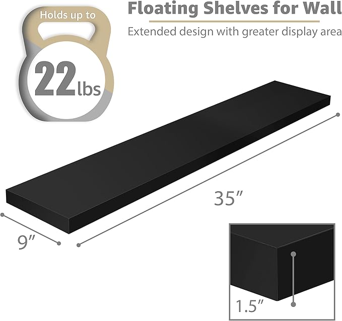 Sorbus Floating Shelves for Wall - 35 Inch Long Bathroom Shelves, Wall Decor for Bedroom, Kitchen, Living Room & Book Storage - Mounted Floating Shelf with Invisible Brackets (Black, 2 Pack)
