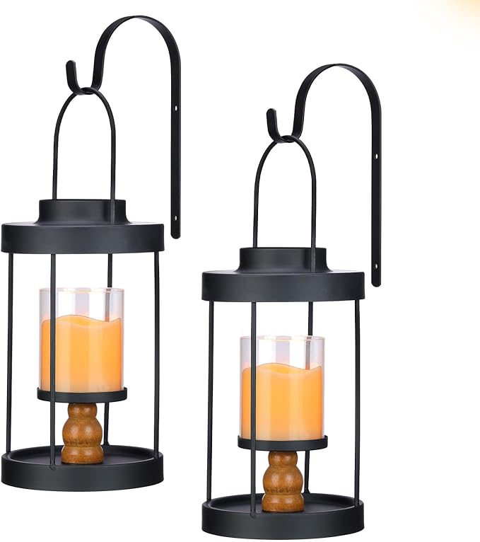 Metal Wall Sconce Candle Lantern Set of 2 - Black Wall Mounted Wood and Metal Hanging Holder with Glass & Candles Vintage Wall Decor for Porch, Living Room, Dining Room, Bedroom Indoor Decor