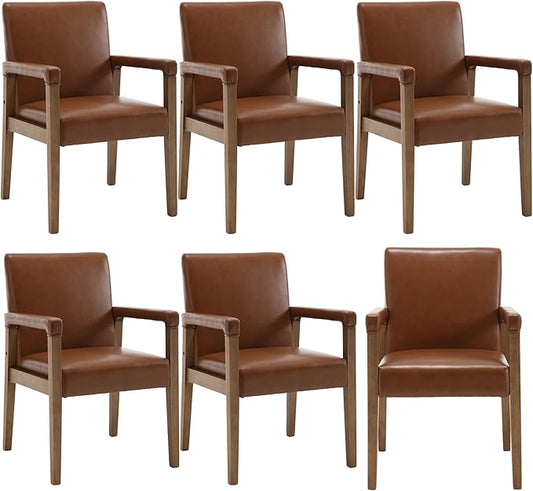 Kmax Modern Dining Chairs Set of 6 Faux Leather Kitchen Arm Chairs Upholstered Accent Chairs with Wooden Legs for Dining Room, Living Room, Bedroom, Brown