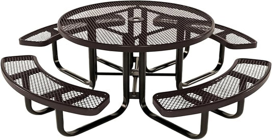 Coated Outdoor Furniture Heavy-Duty Portable Outdoor Kids Table with Umbrella Hole, Expanded Metal Kids Picnic Table, Commercial-Grade, Made in America (46 In, Round, Childrens, Brown)