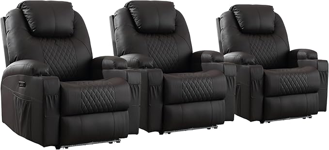 Power Recliner Chair with Heat and Massage, PU Leather Home Theater Seating with LED Lights/Cup Holders/Side Pocket/USB Port, Reclining Sofa Chair for Living Room(3, Brown)