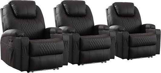 Power Recliner Chair with Heat and Massage, PU Leather Home Theater Seating with LED Lights/Cup Holders/Side Pocket/USB Port, Reclining Sofa Chair for Living Room(3, Brown)