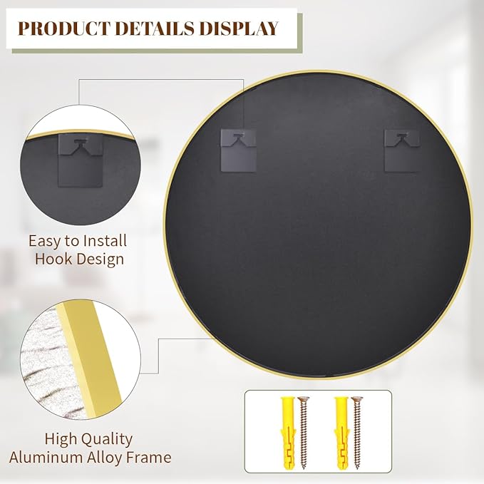 BEAUTYPEAK 24 Inch Round Mirror, Metal Frame Circle Mirror, Wall Mounted for Entryway, Bathroom, Vanity, Living Room, Gold
